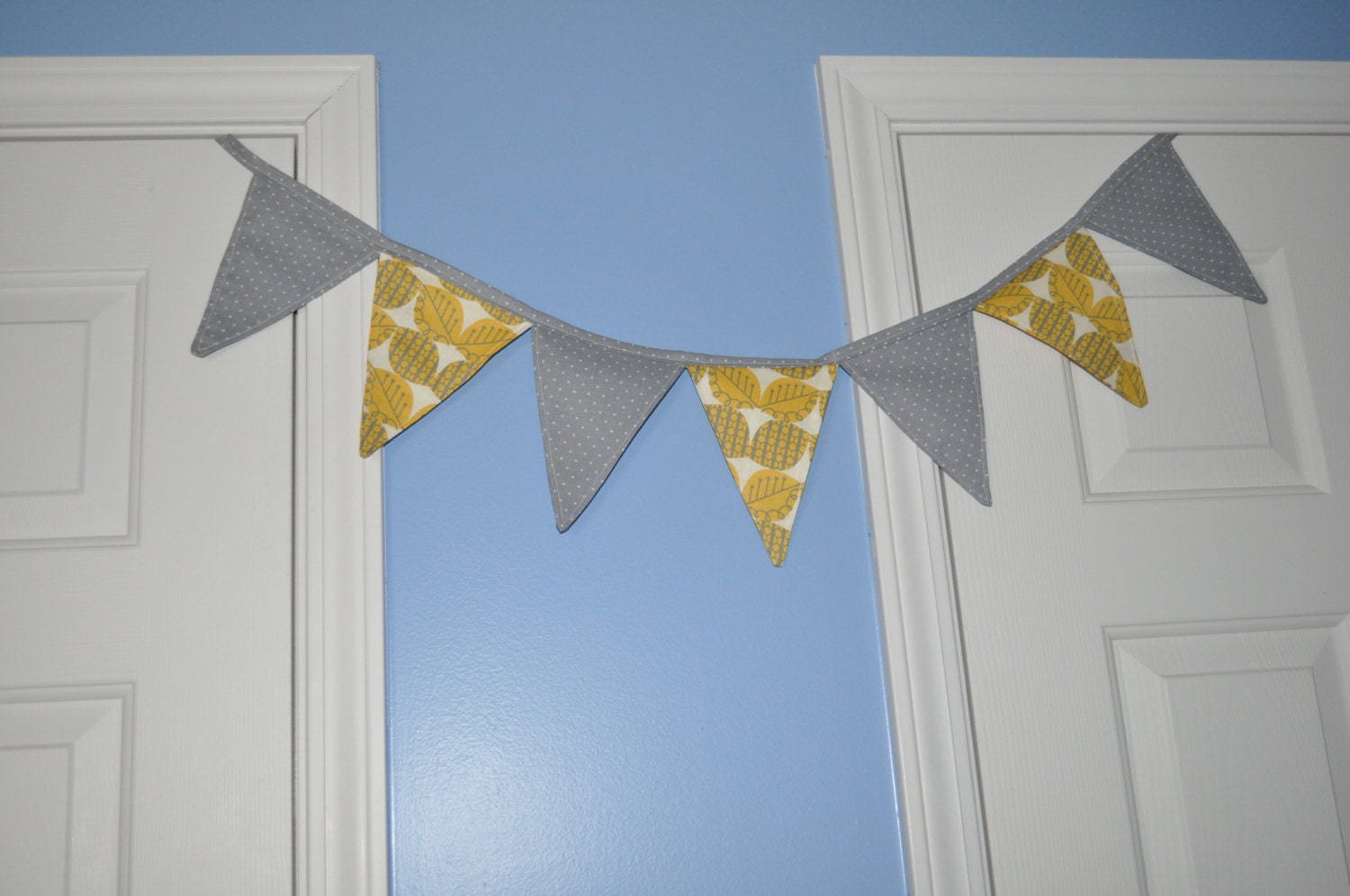 Fabric Bunting/fabric pennants, Yellow, grey, and white.  Ready to ship