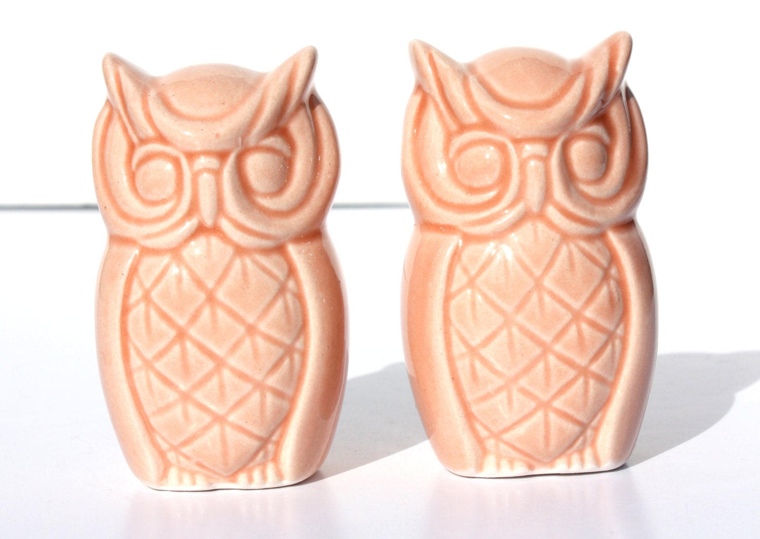 Peach Owl Pair - Slipcast Ceramic Owls From Vintage Mold, Peach Glaze