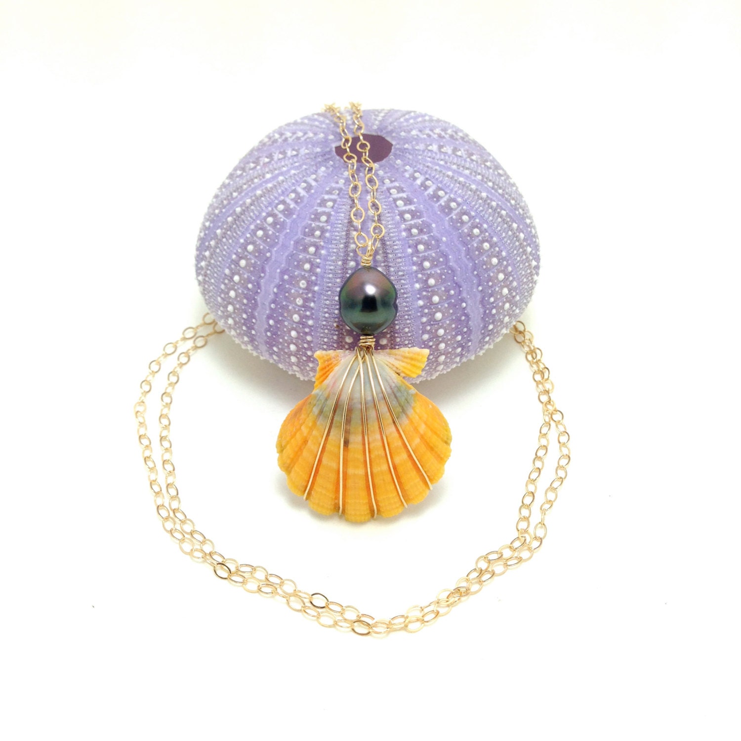 Sunrise Shell Necklace 14kt Gold Filled with Tahitian Pearl