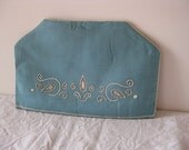 blue tea cosy with embroidery, retro kitchen accessories