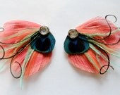 SADIE in Coral, Mint, Shrimp, and Pink Peacock Feather Hair Clip, Feather Fascinator
