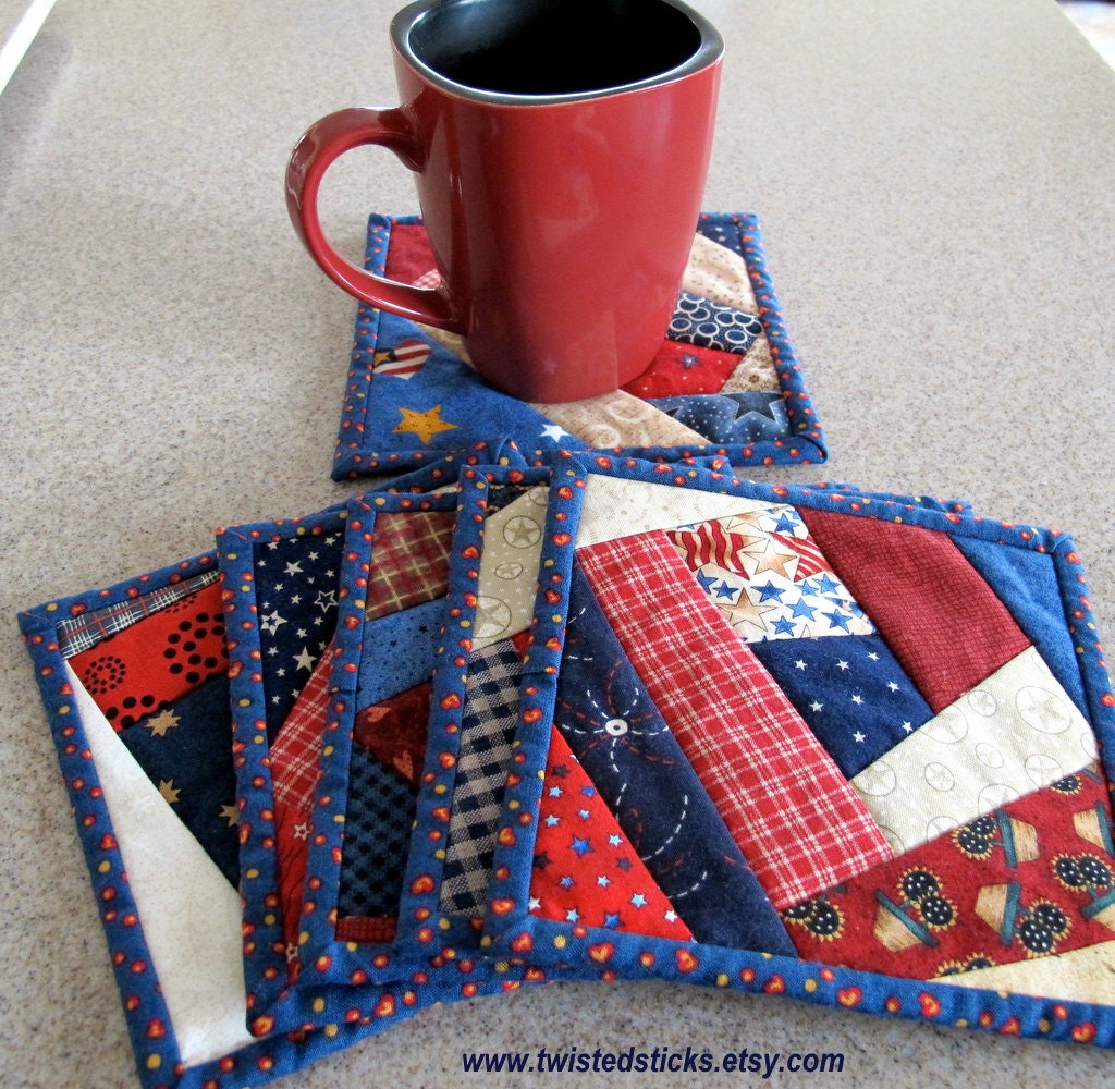 Crazy Quilt Coasters, Mug Rugs, Americana, Red White and Blue, Set of 6
