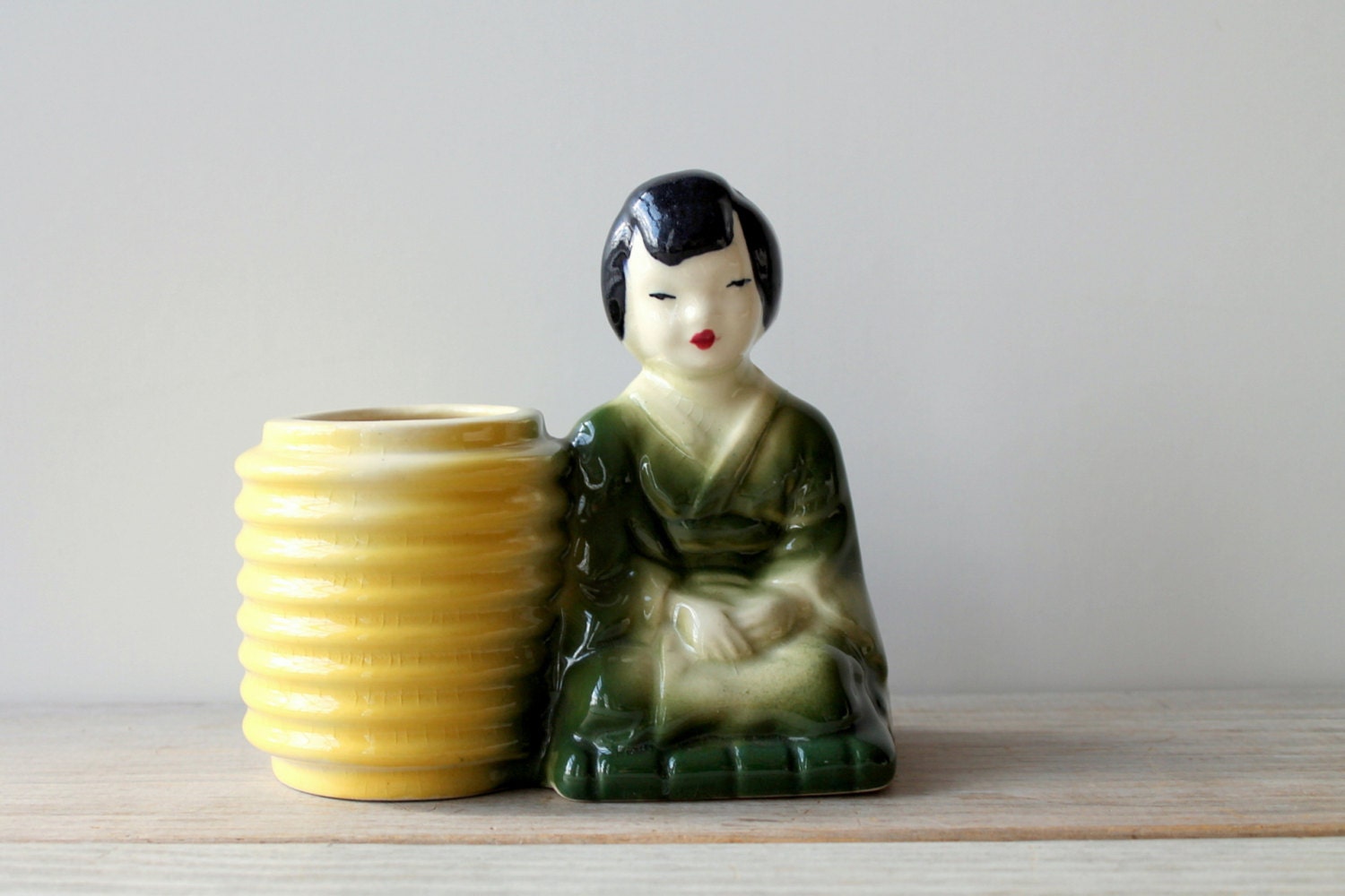 Vintage Asian ceramic vase / zen / meditation / sage green / pale mustard yellow / serene / kitsch / Japanese girl / home decor