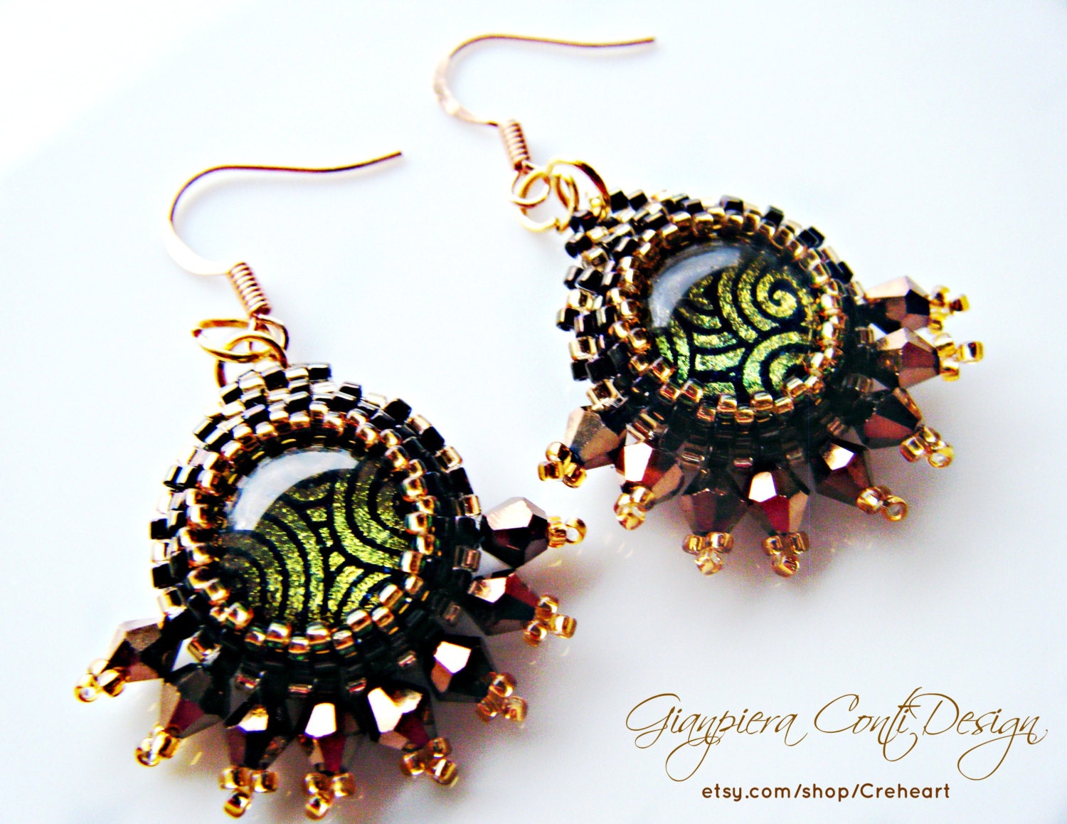 Handmade Beadwork - Earrings with Dichroic Glass Cabochons - African Jazz
