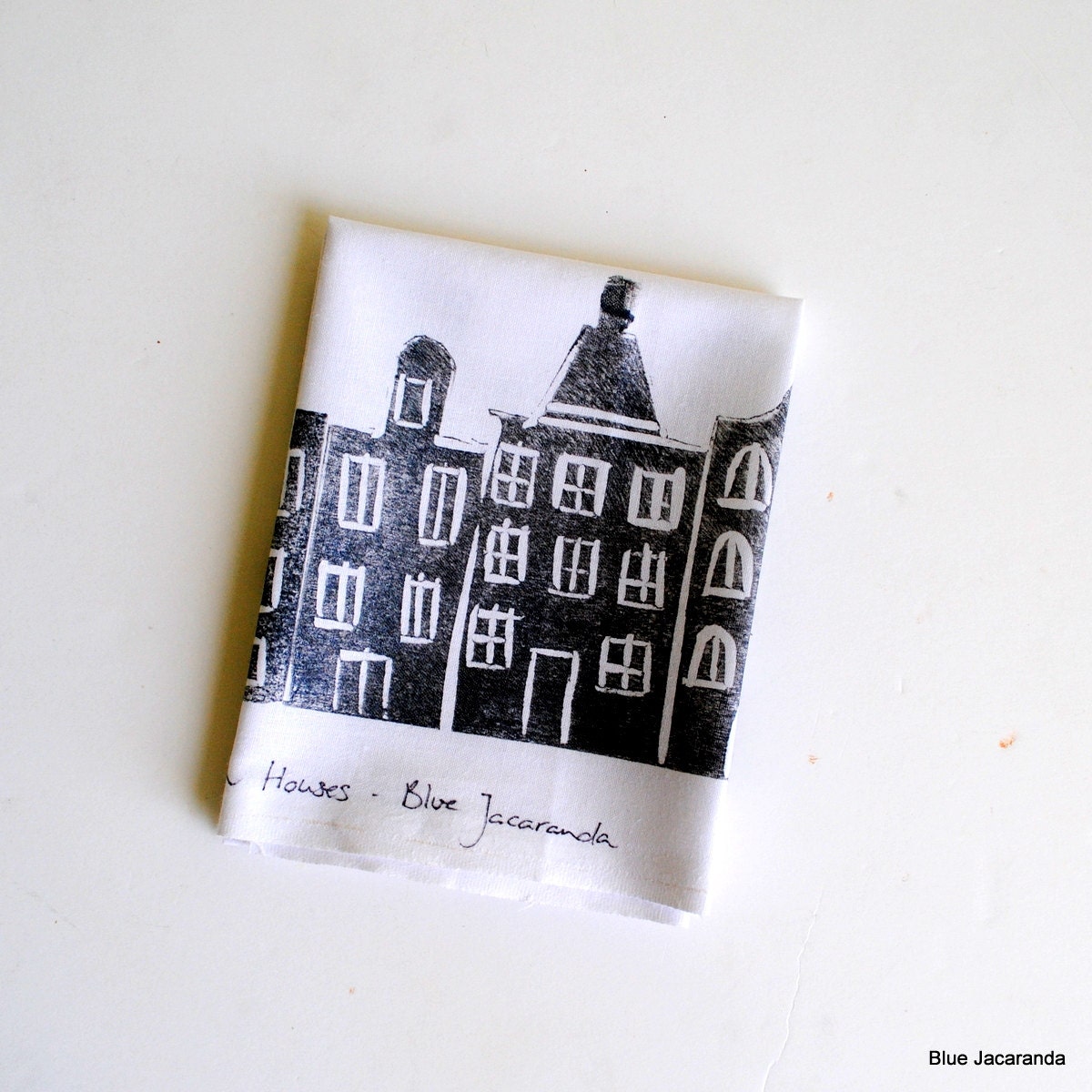 Handprinted fabric Dutch Houses - black on white - fat quarter