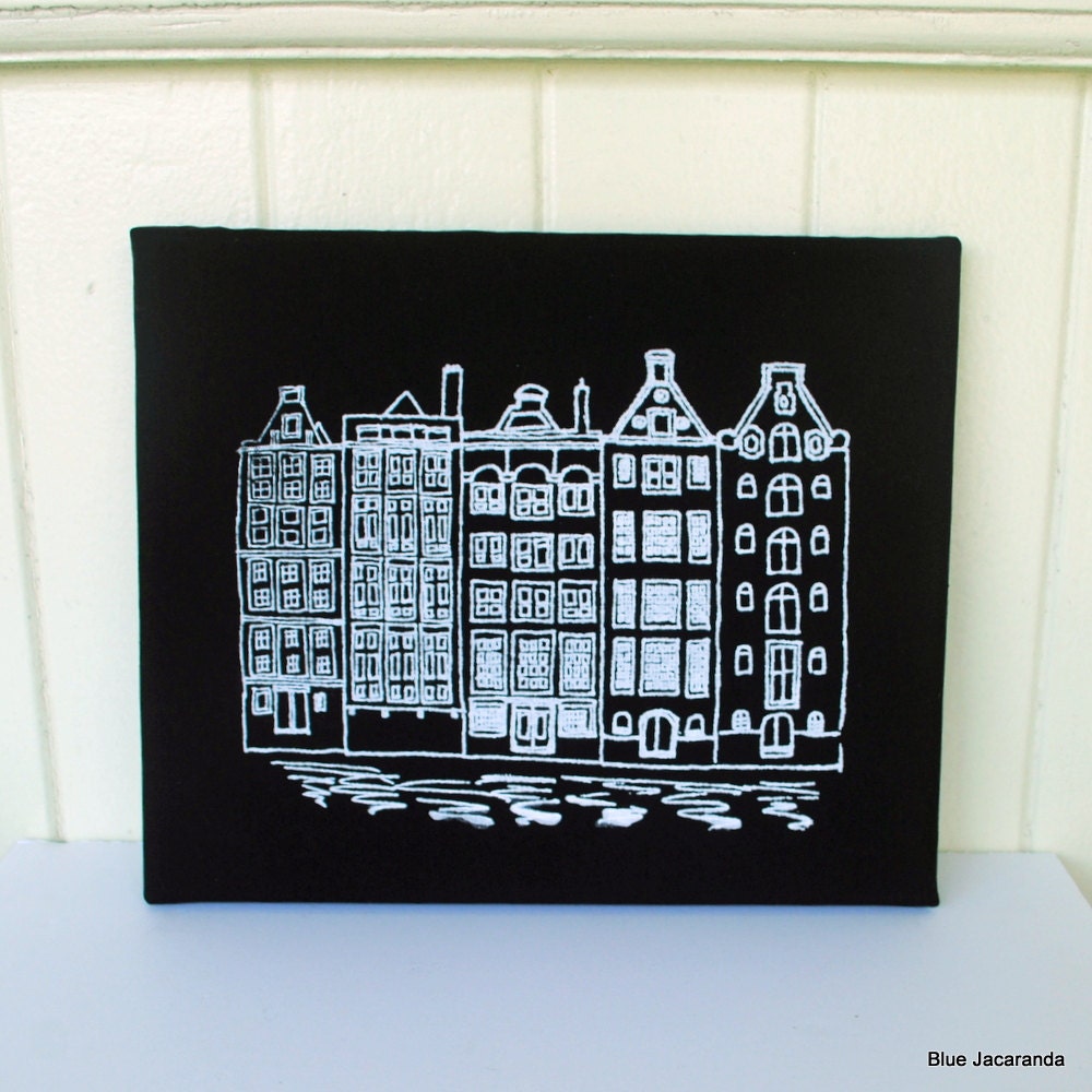 Amsterdam Canal Houses - Screenprint Stretched on Canvas - White on Black - Extra Large