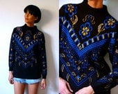 Vtg Retro Floral Yellow Blue Black Knitted Sweater