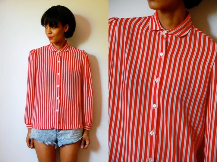 Vtg Sheer Retro Striped Red Black White Button Down LS Shirt