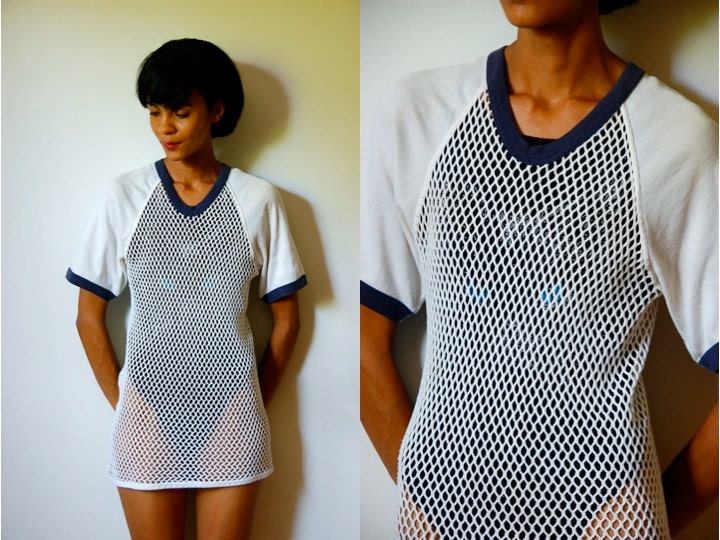 Vtg Long Mesh Knitted White Blue Trim SS Shirt