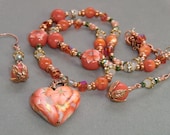 Orange, copper, gold and green tiger lily polymer clay heart pendant necklace and earring set, white, green and orange flowers