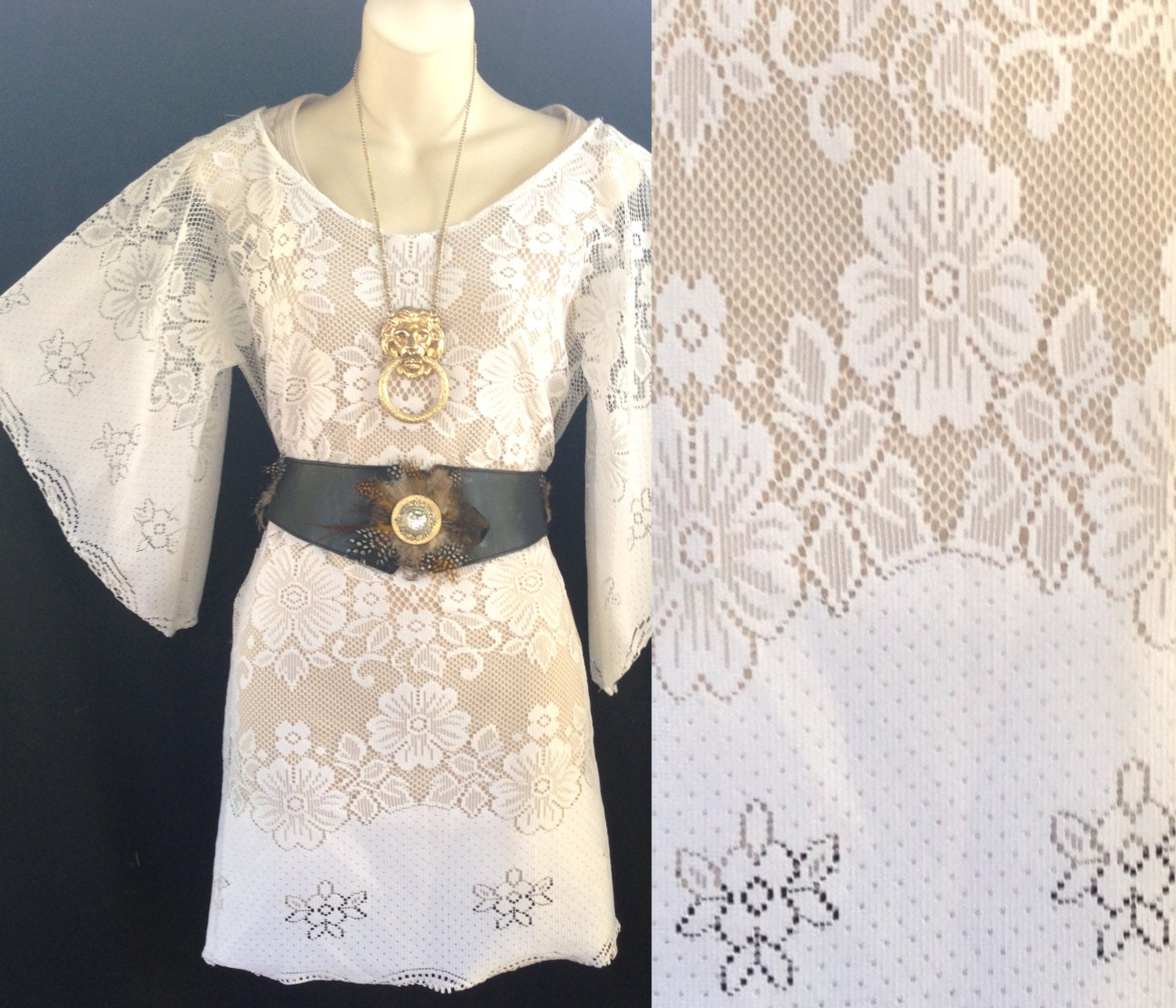 handmade from VINTAGE crochet lace mini tunic flared sleeves boho gypsy ONEOFF hippie dress or top jumper, slouchy grungebeach KAFTAN