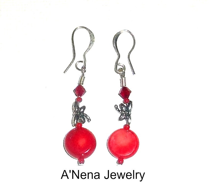 Earrings: Cupid's Envy Genuine Coral , Swarovski Crystals and Metal