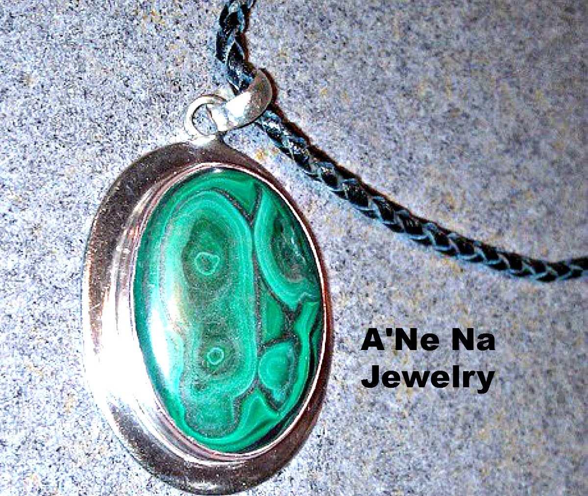 Malachite Pendant , Sterling Silver and Braided Leather Chord