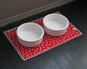 Red & White Polka Dot Pet Placemat with Black Gingham Border Splat Mat Pet Food Mat