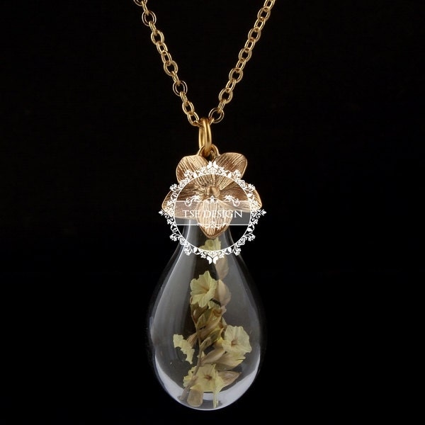 20x30mm vintage matte gold ochid charm dry lovers' flower drop glass vial wish bottle pendant necklace gift jewelry