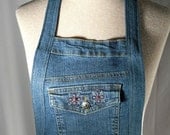 Upcycled Womens' Kitchen Apron Made with Denim Blue Jeans, with pink sash tie, Mother's Day
