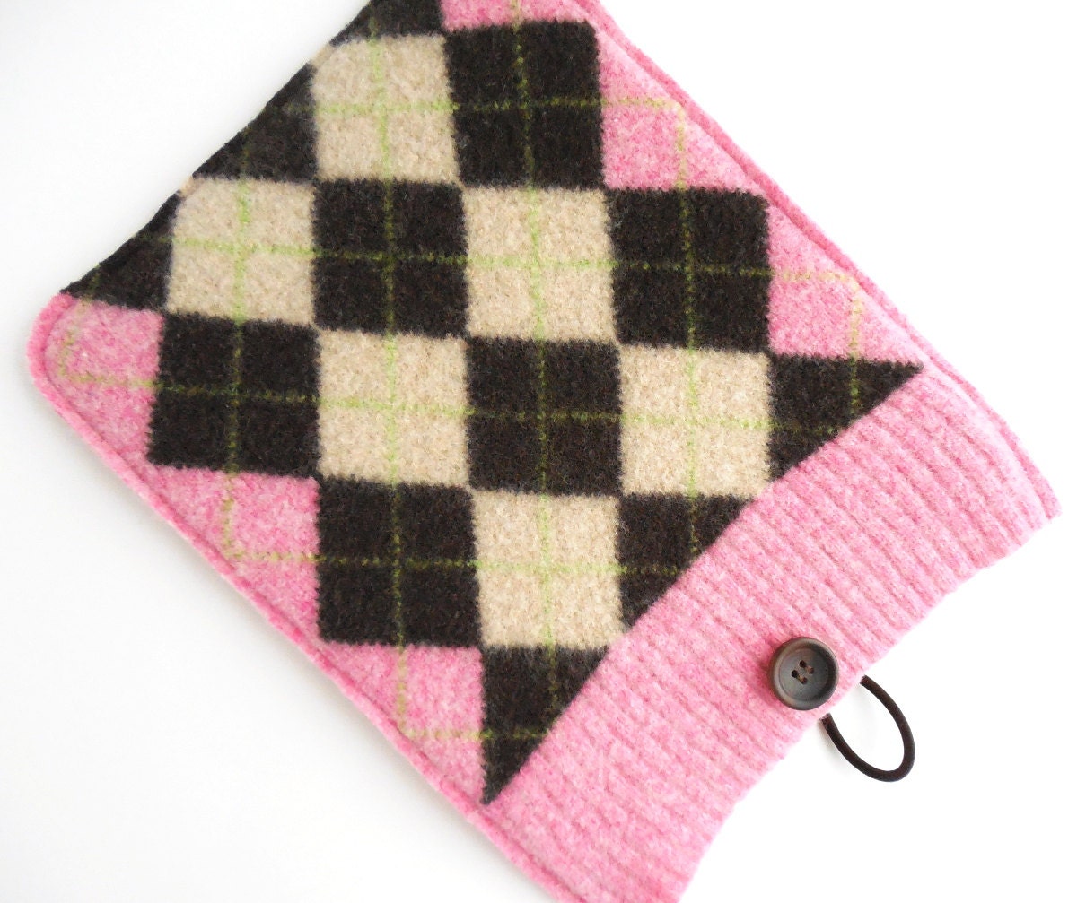 iPad Sleeve, Pink with Brown & Cream Argyle Felted Wool, Spring Colors, Upcycled,  Netbook Cover, Mini Laptop Case