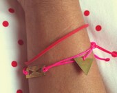sunrise bracelet. hot pink nylon knotting cord and geometric gold necklace