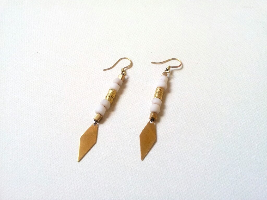 raw brass geometric earrings / white indonesian beads