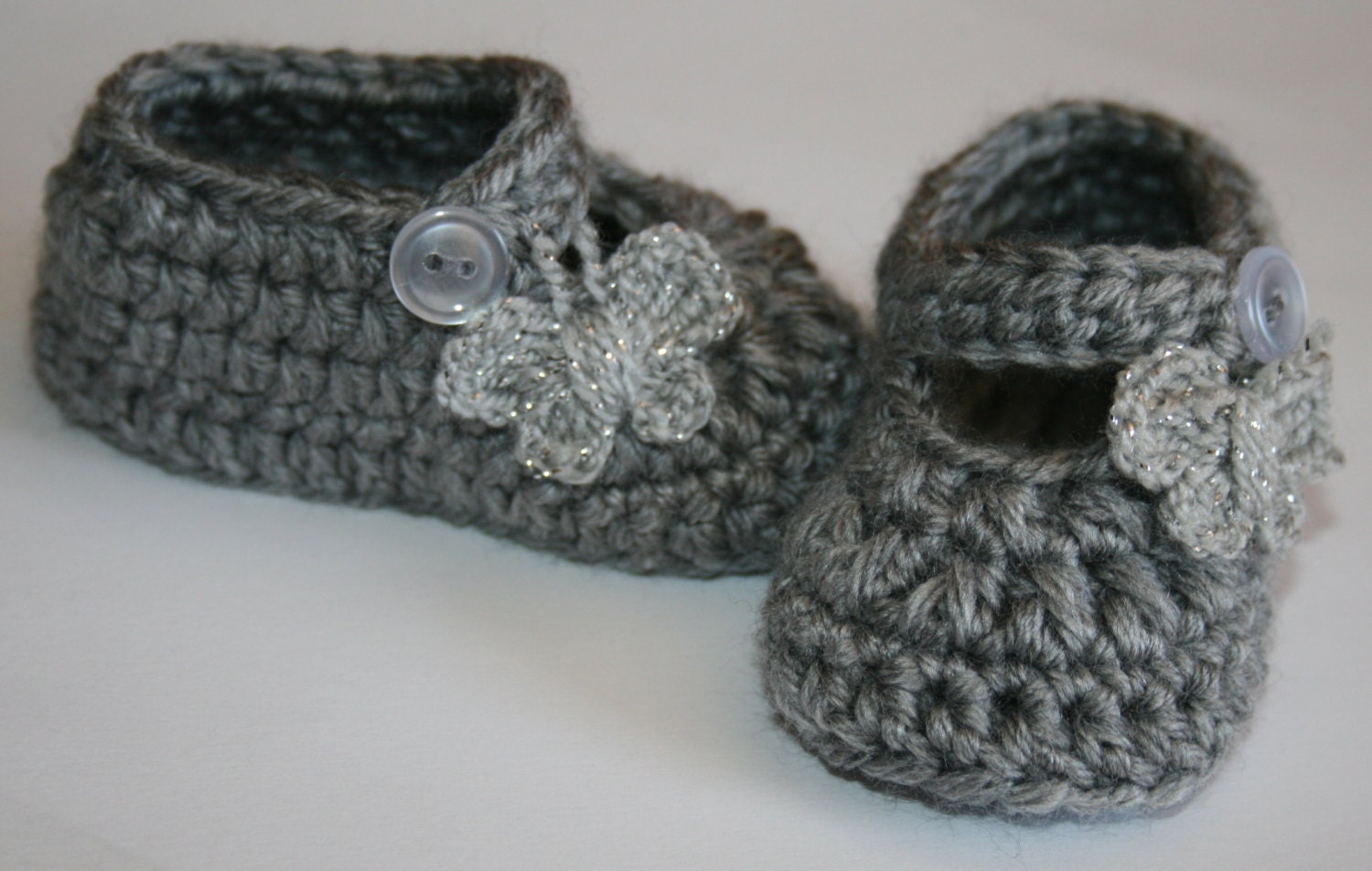 Crochet knit gray gray sparkly silver butterfly  baby girl mary janes shoes slippers photo prop shower gift