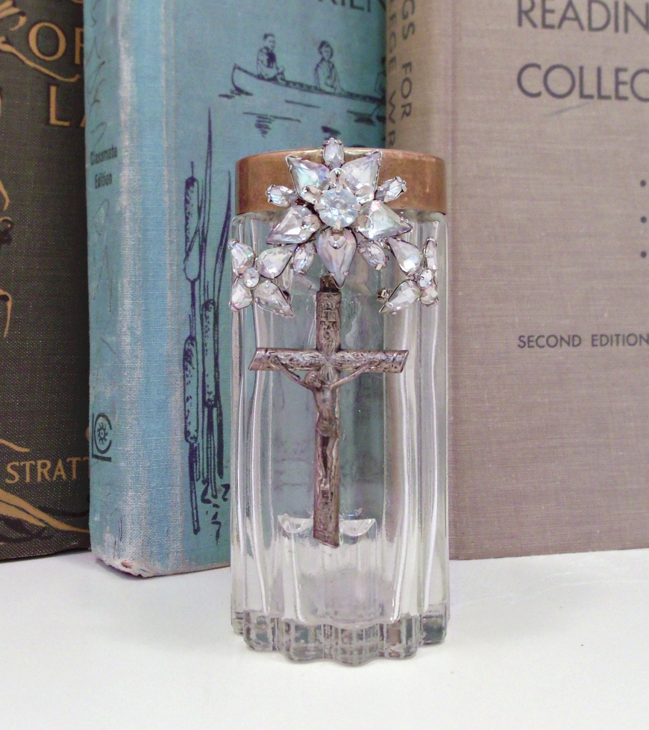 Vintage Glass Jar. Religious Decor, Cross. Vintage Medicine Bottle. Vintage Rhinestone. Vintage Jewelry. Antique Rhinestone