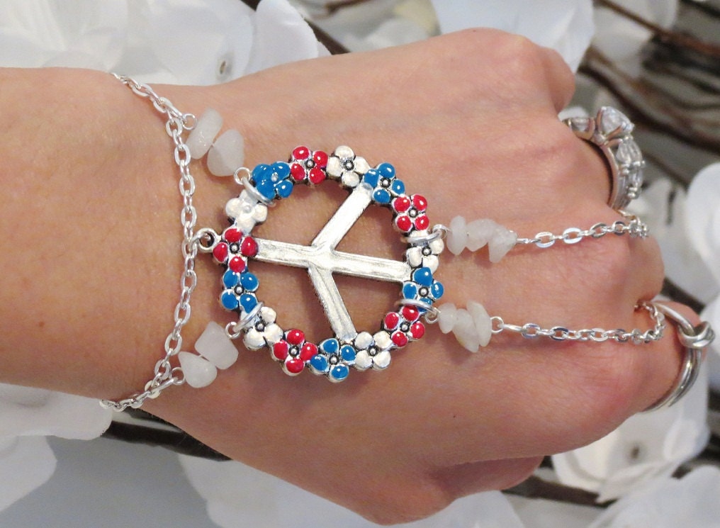 Peace, Slave Bracelet, Bracelet Ring, Red, White, Blue, Patriotic, America, Hand painted, Statement Jewelry, Hand Chain, Hand Jewelry, Ring