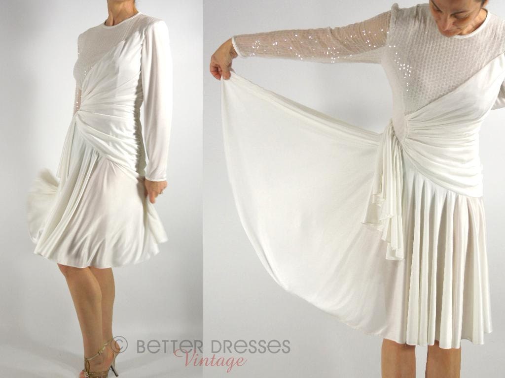 80s White Sequined Disco Party Dress. Modest Cocktail Dress.