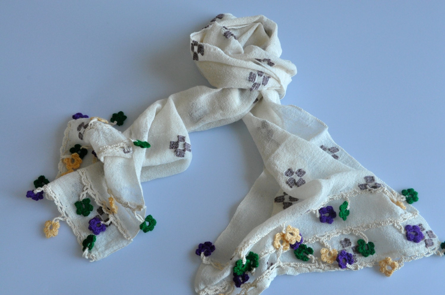 Handwoven Anatolian Cotton Scarf with Handcrafted Flower Tassels