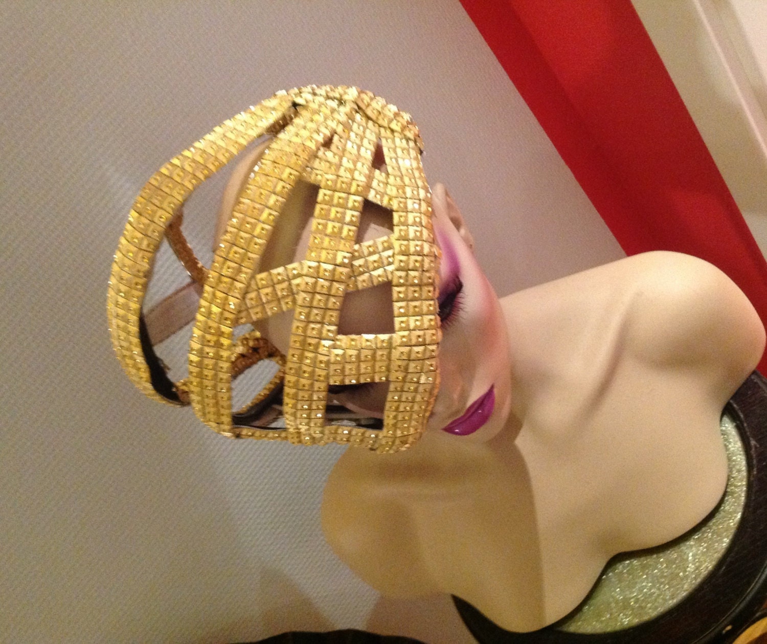 READY TO SHIP Cage mask gold apocolpyse Rave Mask headdress headpiece avant garde rhinestone jewelry fantasy tribal gypsy layered chain