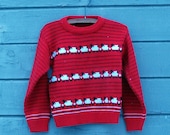 vintage red childs sweater with lambs