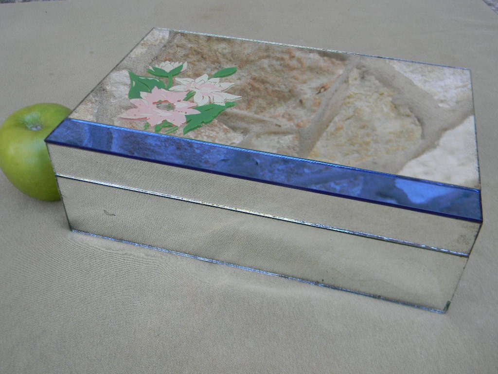 Vintage Art Deco Mirrored Jewelry Box Handpainted Painted Flowers Blue Pink Home Decor