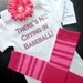 There's No Crying in Baseball Onesie Leg warmers and removable flower clip headband Set Pink Infant Baby Toddler Sizes