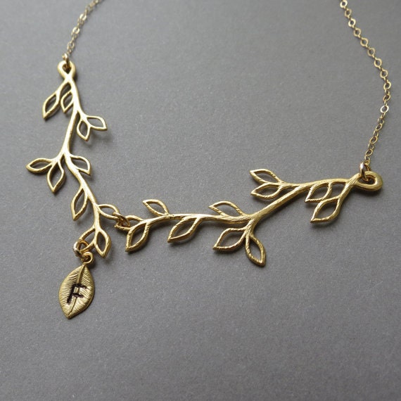 2 (two)Personalized Branch Necklaces, Stamped Leaf, Bridesmaids Gifts, Bridal Party Customized Jewelry, Gold Branch Necklace, Maid of Honor