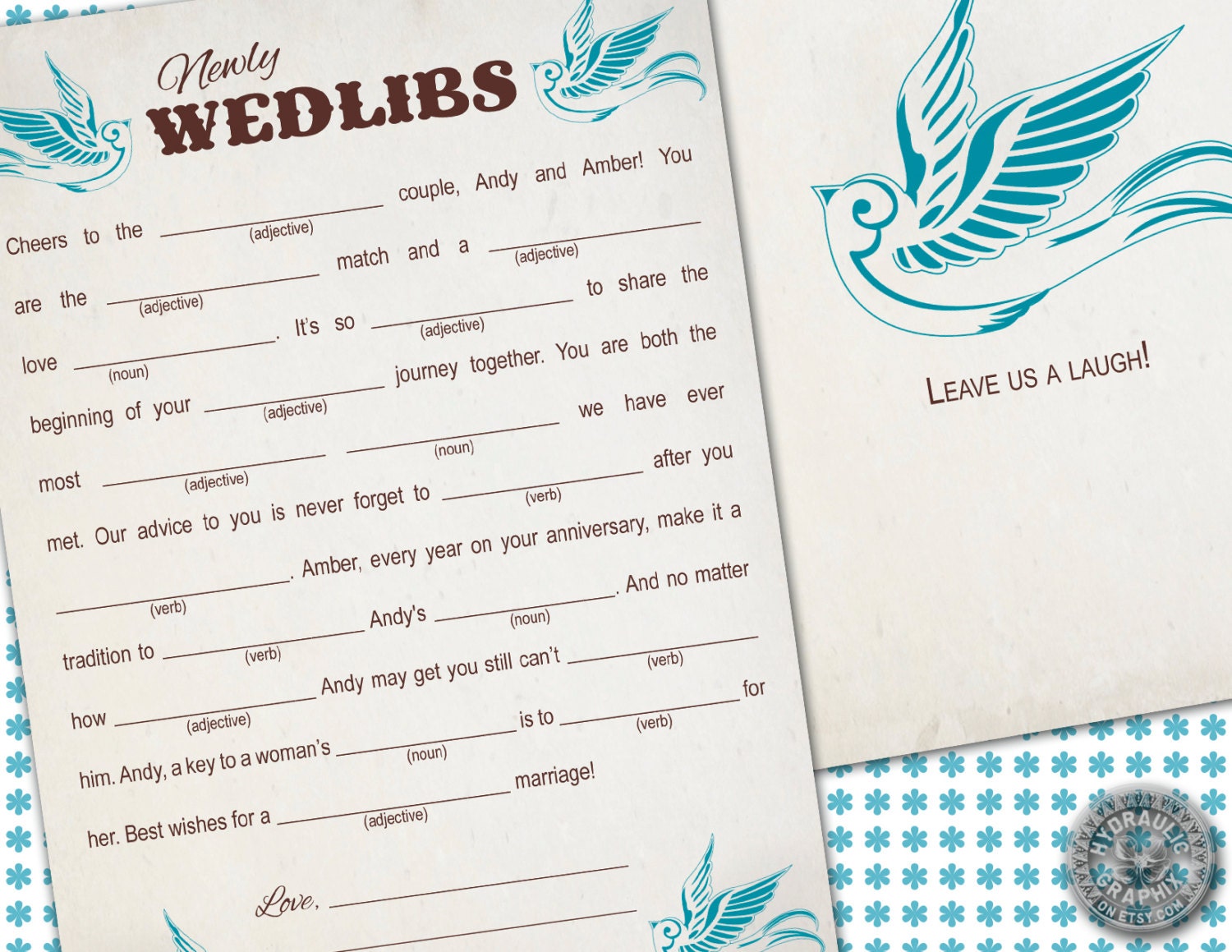 Newly Wed Madlibs - funny to use for a party favor or guest book alternative for wedding with blue birds - customize Il_170x135