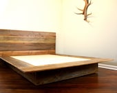 Reclaimed Wood Platform Bed // Salvaged Wood Headboard // Vintage Fir Plank Bed