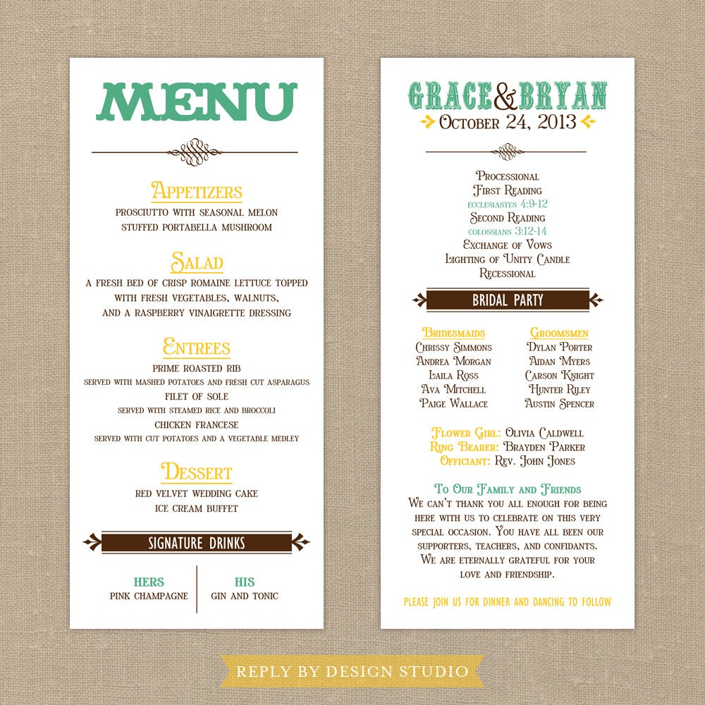 Wedding Menu and Program (Country Comfort) - Digital Files/DIY (Customizable Country Design)