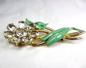 Green Enamel Clear Glass Flower Brooch 1950s Vintage Jewelry
