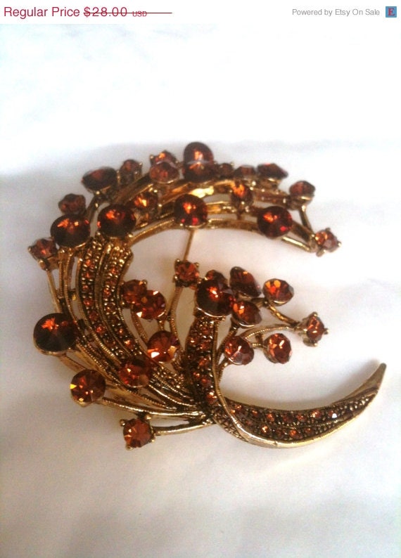 Amber Rhinestone Spray Brooch 1950s Vintage Jewelry