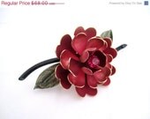 Coro Brooch Large Deep Pink Rose Rhinestone w Clip Earrings 1950s Vintage Jewelry