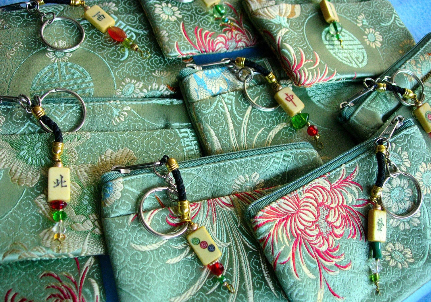 Mahjong Mah Jongg Green Silk Jacquard Key-Chain Coin Purse with Mini-Mahjong Tile Bead and Glass Beads