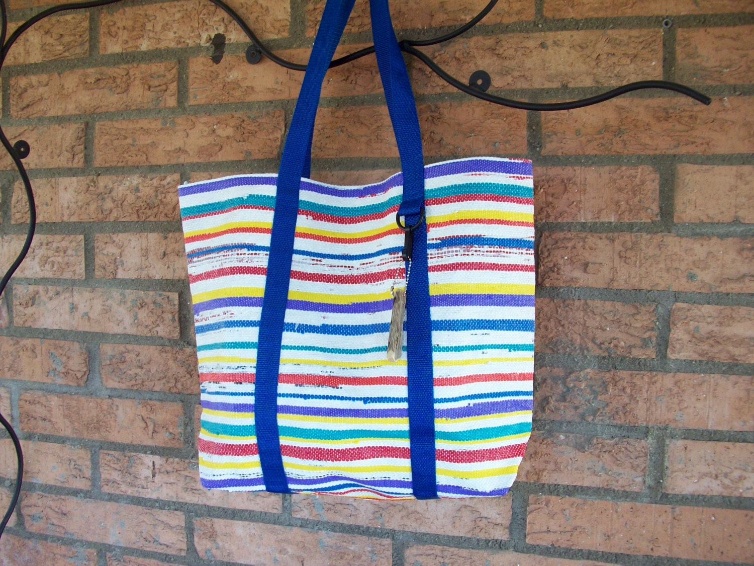 Hand Woven Plarn Tote or Market Bag - Multi-Colored Stripe
