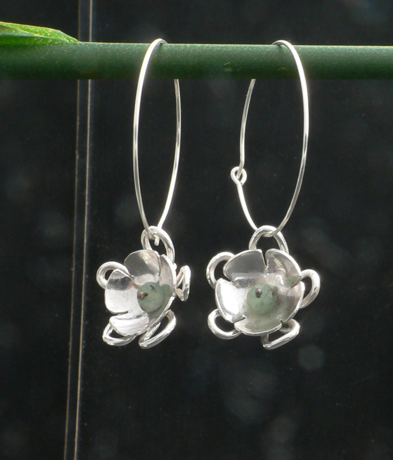 Raw Emerald Daisy Flower Dangles in Sterling Silver