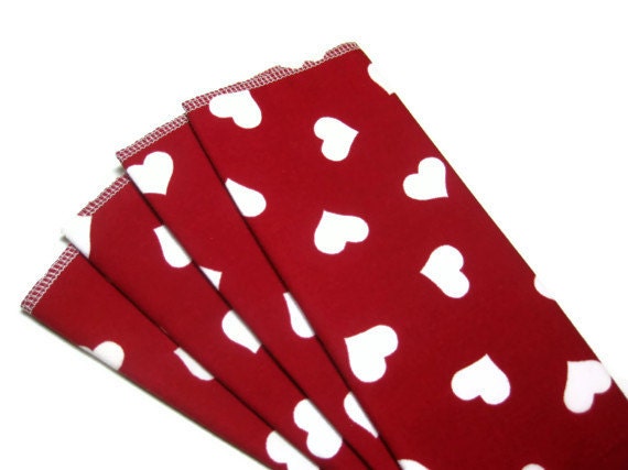 Eco friendly Valentine heart napkins for kids, 4 red reusable, wash cloths, unpaper towels, wipes, 2 ply  housewarming gift