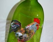 Hand Painted Rooster Green Glass Wine Bottle Tray/Platter