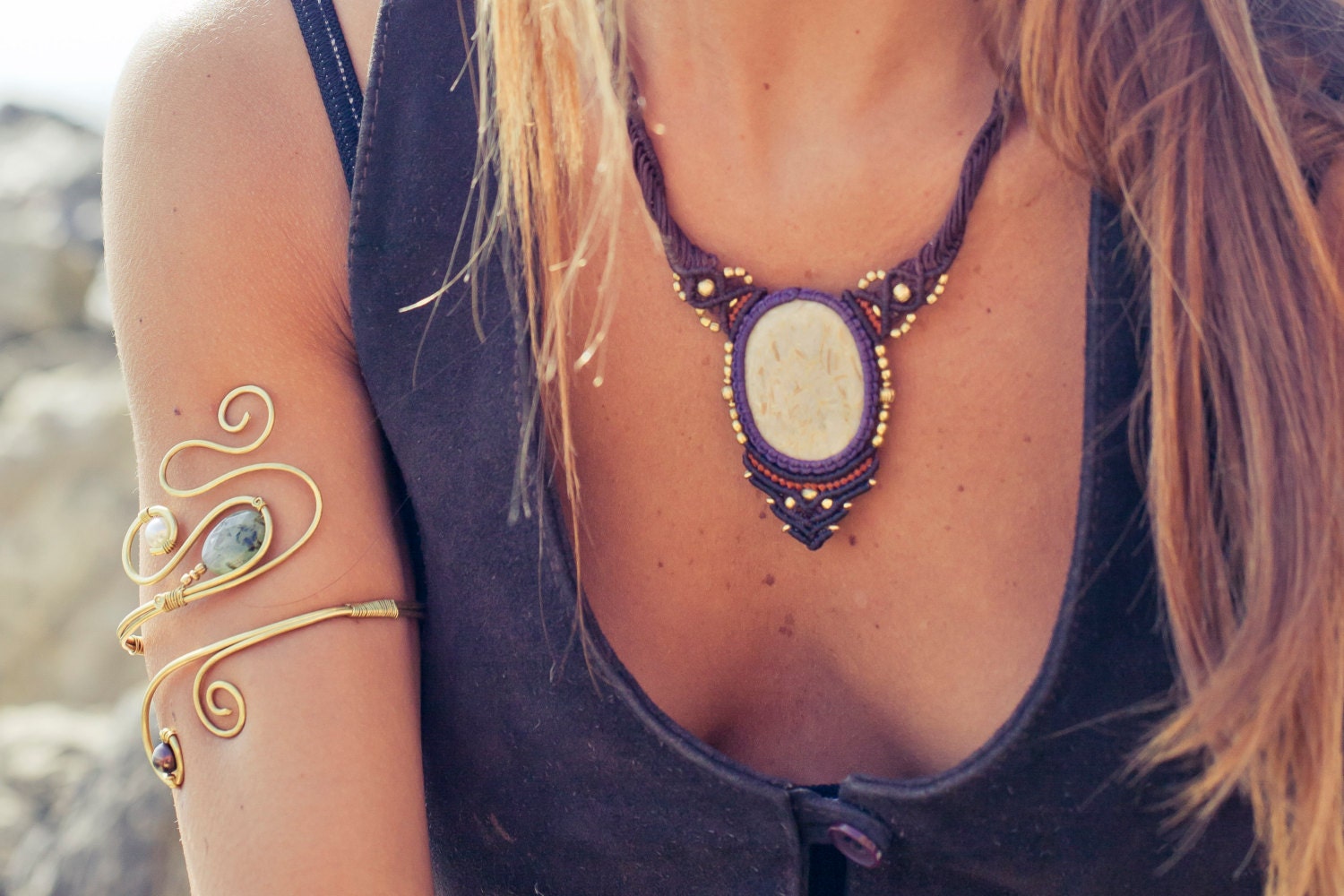 Desert Wind Necklace, Macrame Necklace Jasper Pendant, Brown and Perple Macrame,Tribal Necklace - stoneagetale