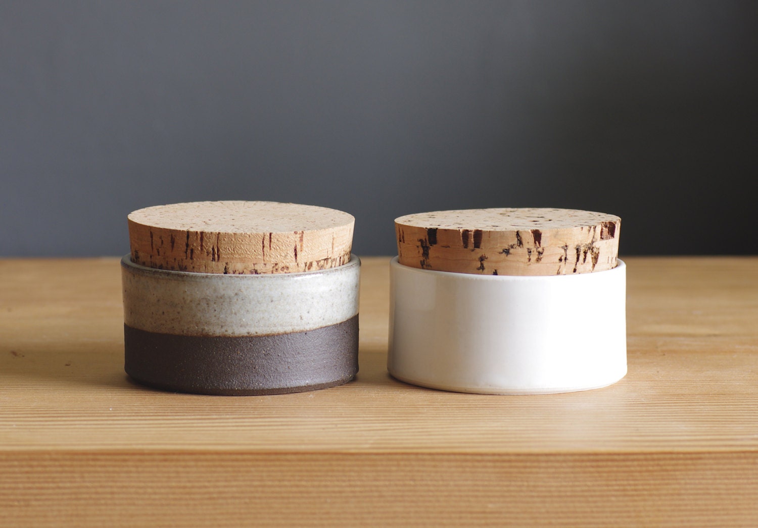 MTO salt cellar pepper pair of corked containers modern minimal rustic pottery ceramic