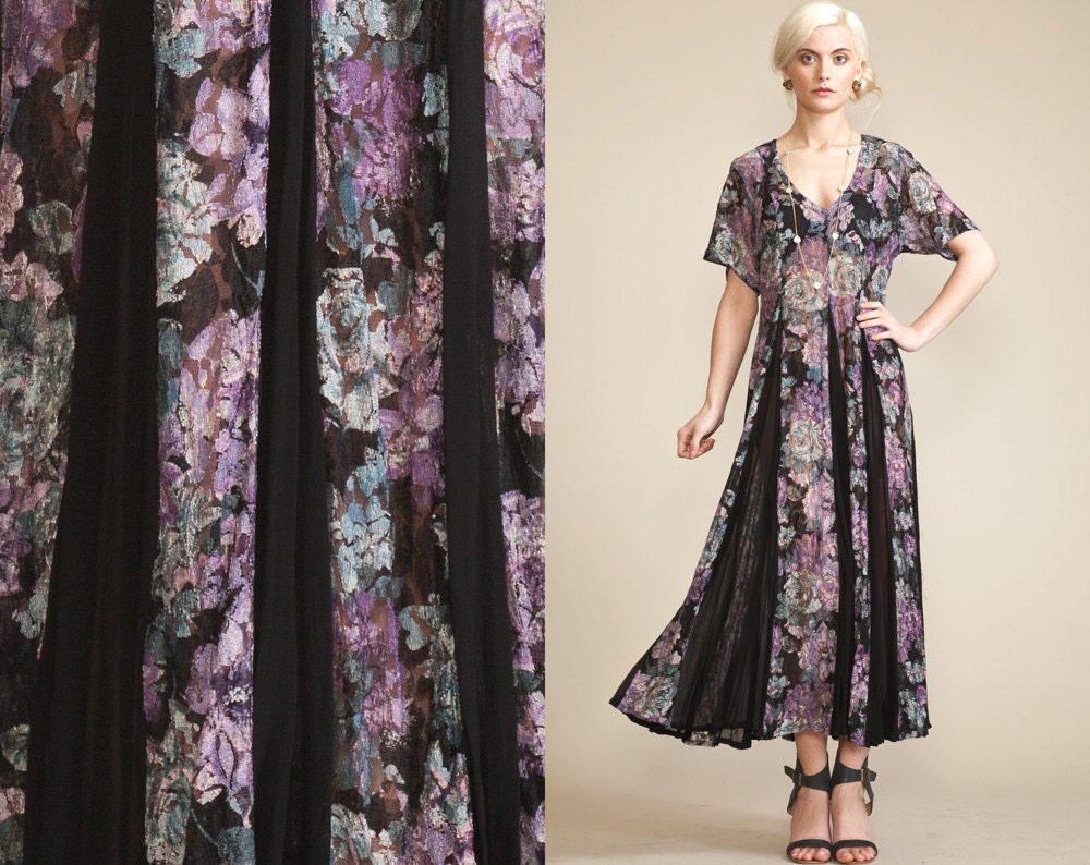 Vintage Floral GAUZE LACE 90s Festival maxi Dress // Art Deco // Sheer Lace