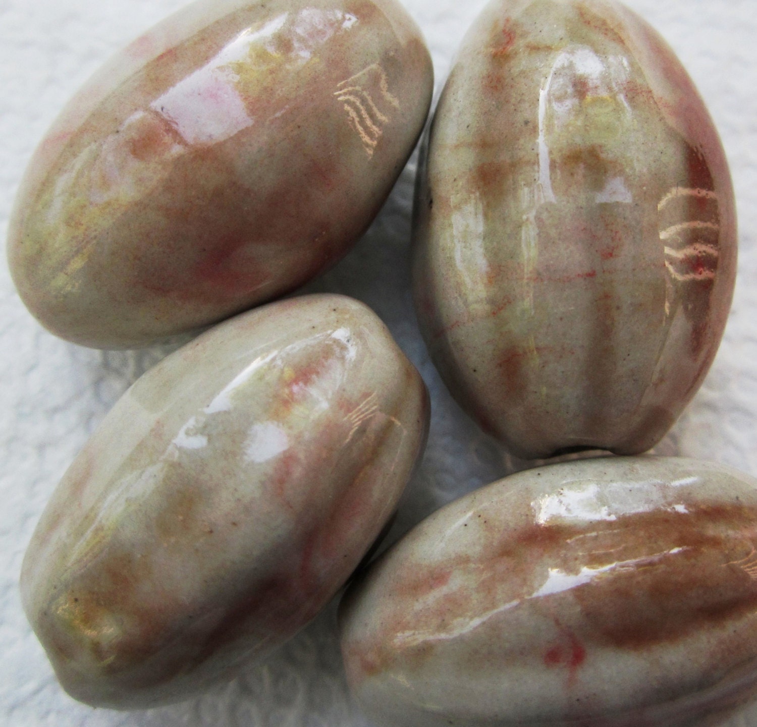 Large Chunky Ceramic Beads, Gray, Brown and Red Ribbed Oval -- 16 mm x 28 mm