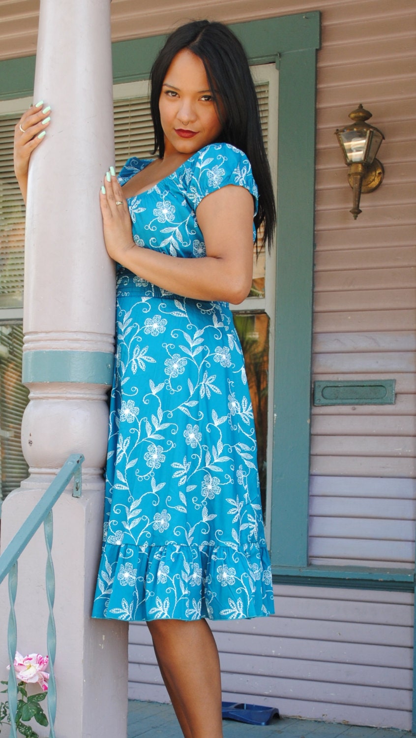 Women's S-M-L Dress,TEAL color with White Flowers and Vine Design, Rockabilly, Pin Up  & Retro style
