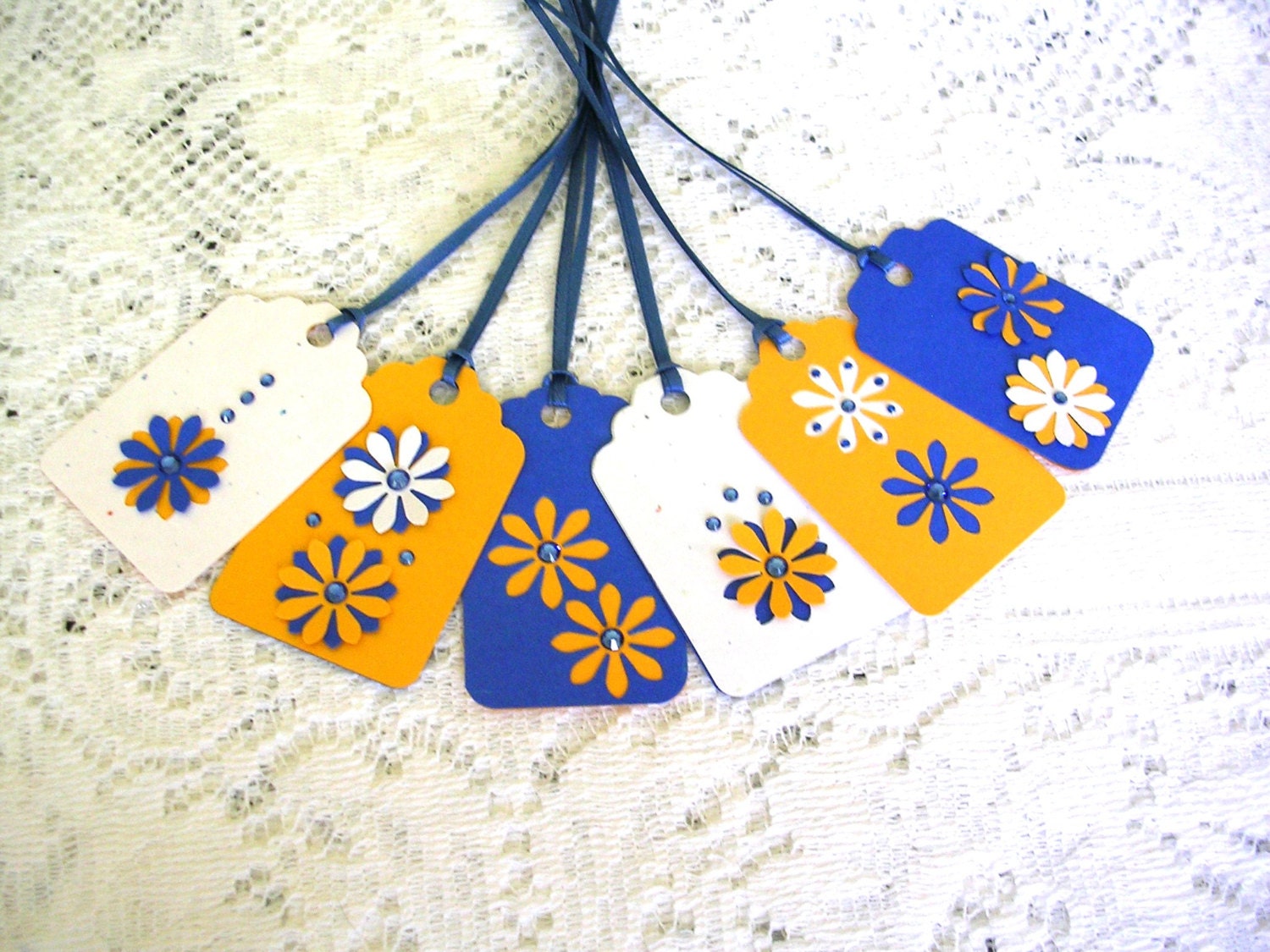 Blue and Gold Flower Gift Tags - Set of 6